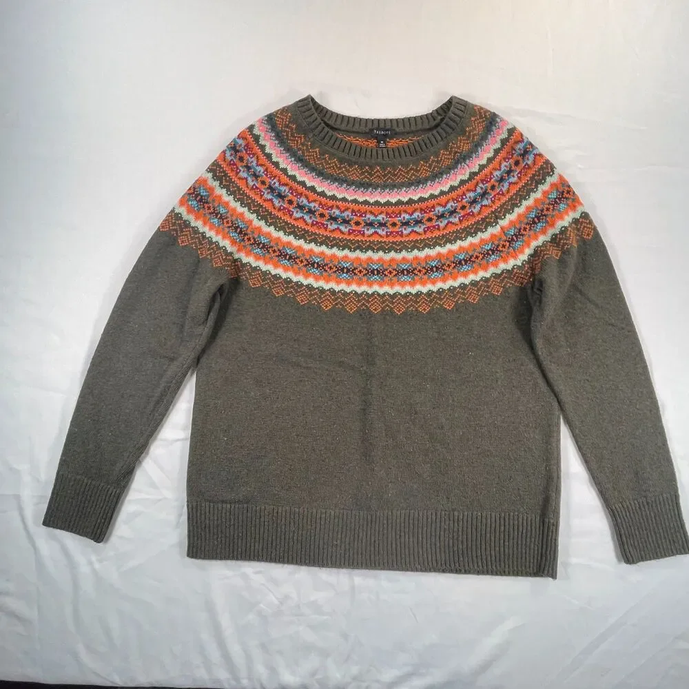 Talbots Fair Isle Knit Circular Yoke Sweater M Olive Orange Crewneck Cabin Fall